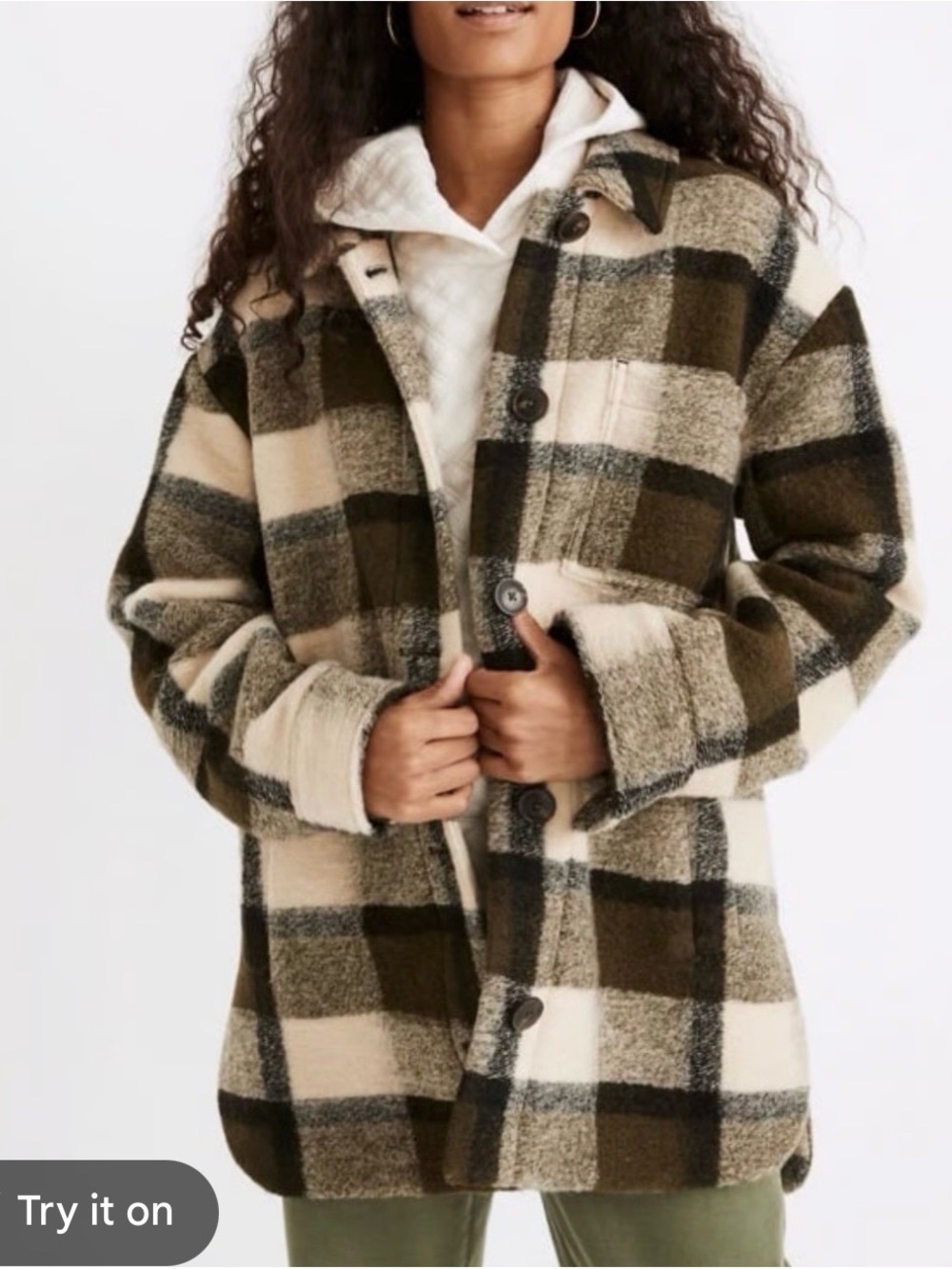 Madewell Plaid Shacket Jacket in Olive & Cream Size Large